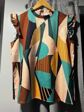 Geometric Print Ruffle Sleeve Top - Teal, Brown & Cream
